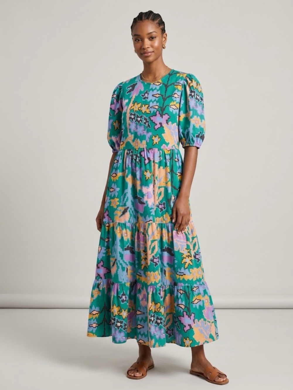 Oliphant Puff Sleeve Dress in Bukhara Green Floral Print